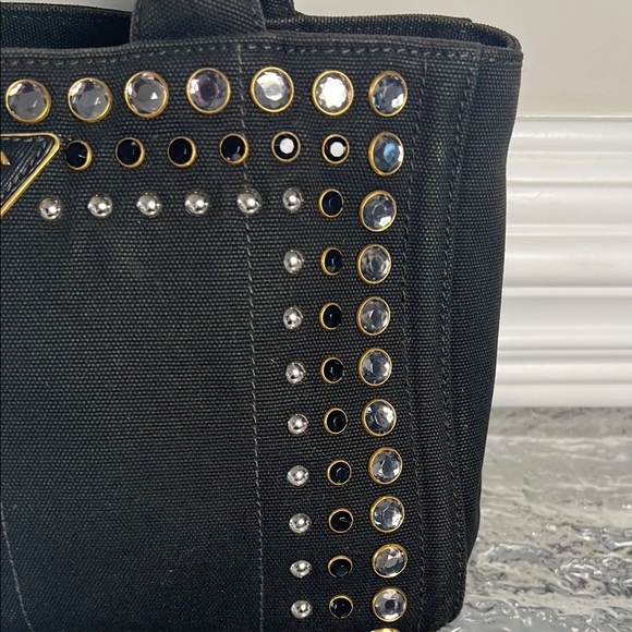 Prada Canapa Studded Black Denim Tote Bag - Picture 3 of 11